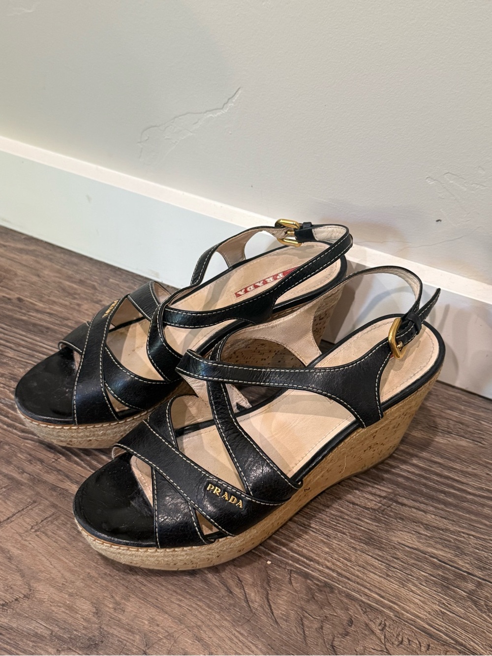 Prada Black Leather Crisscross Cork Wedge Sandals